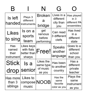Musician Bingo Card