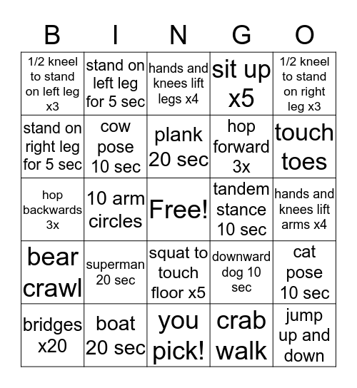 Exercise Bingo! Bingo Card