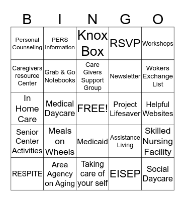 CAREGIVERS SUPPORT GROUP Bingo Card