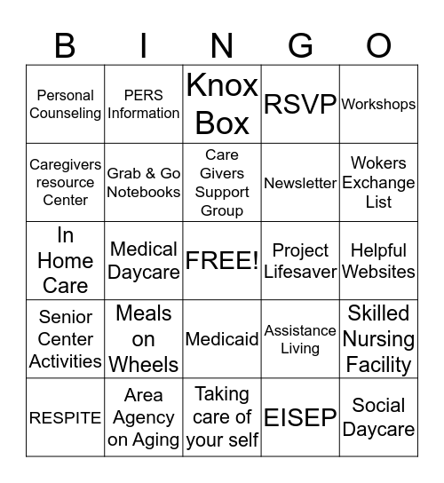 CAREGIVERS SUPPORT GROUP Bingo Card