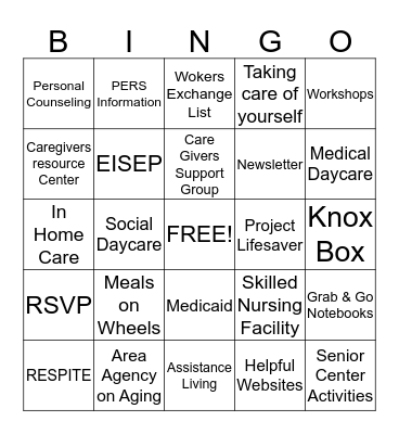 CAREGIVERS SUPPORT GROUP Bingo Card