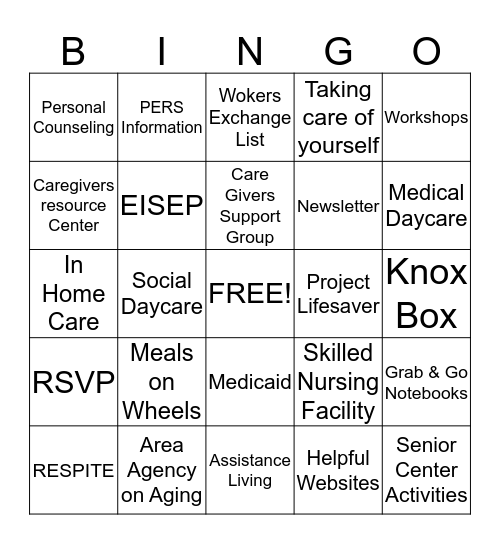 CAREGIVERS SUPPORT GROUP Bingo Card