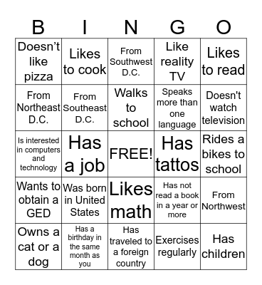 Scavenger Bingo Card