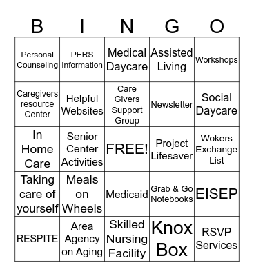 CAREGIVERS SUPPORT GROUP Bingo Card