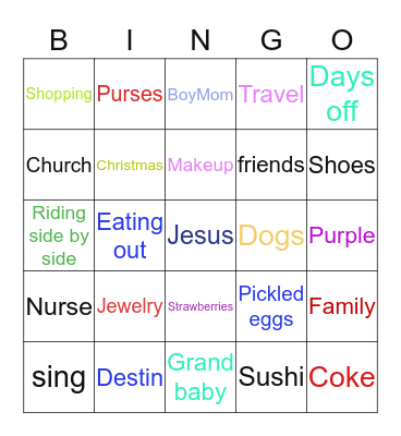 Angie’s Fave Things Bingo Card