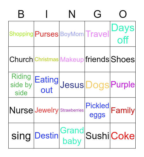 Angie’s Fave Things Bingo Card