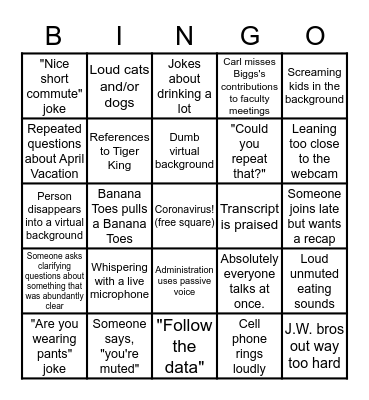 Zoom Faculty Meeting Bingo Card