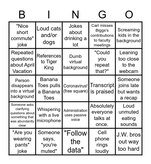 Zoom Faculty Meeting Bingo Card