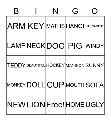 NOUNS ,ADJ Bingo Card