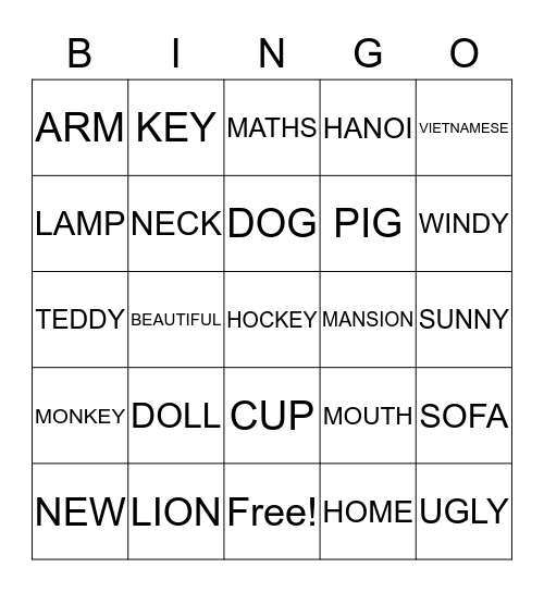 NOUNS ,ADJ Bingo Card