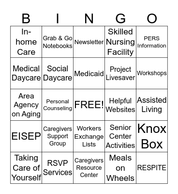 CAREGIVERS SUPPORT GROUP Bingo Card