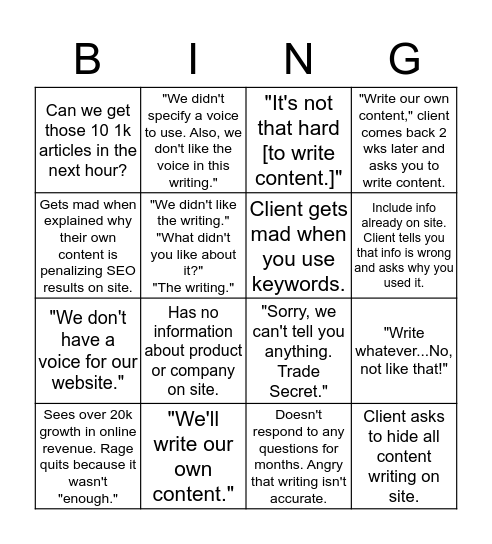 WFH Content Copywriting Bingo Card