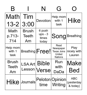 Tuesday Bingo Card