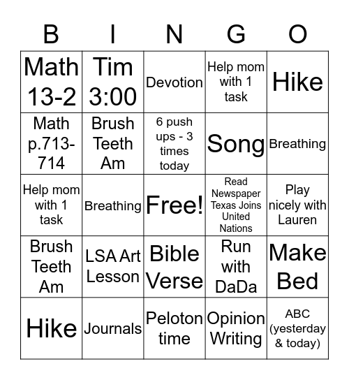 Tuesday Bingo Card