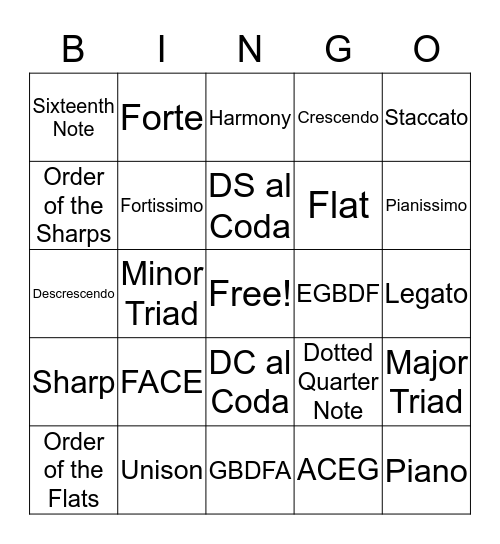 8th Grade Choir Bingo Card