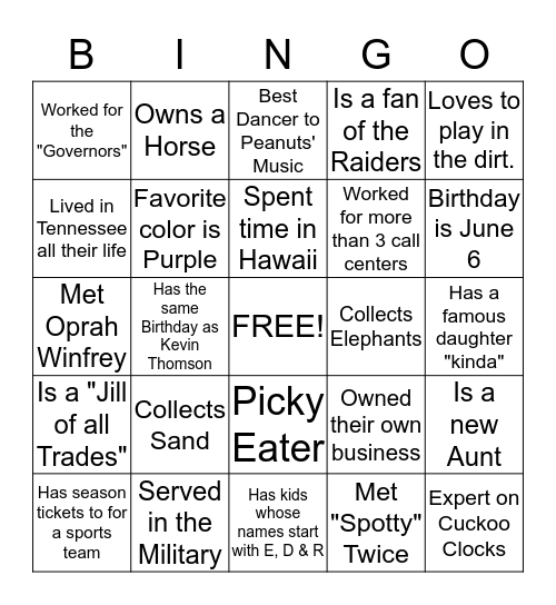 Little Known Facts Bingo Card