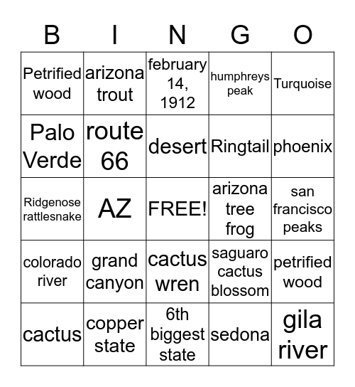 ARIZONA Bingo Card