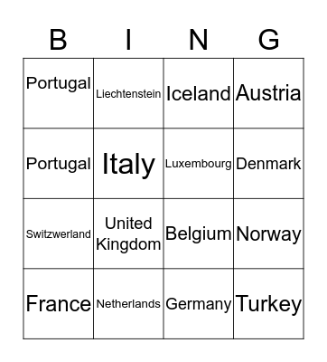 Europe Bingo Card