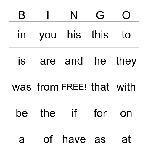 Sight Word Bingo  1-25 Bingo Card