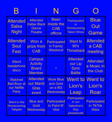 Campus Activities Board Bingo Card