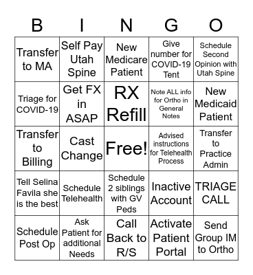 Yellow Team Bingo Card