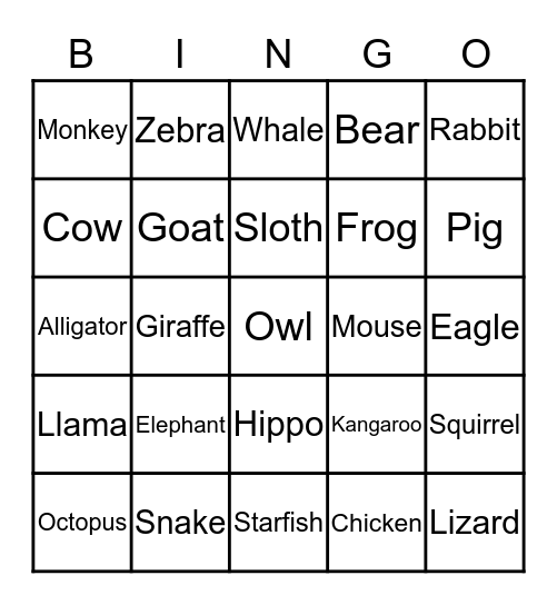 Animal Bingo Card