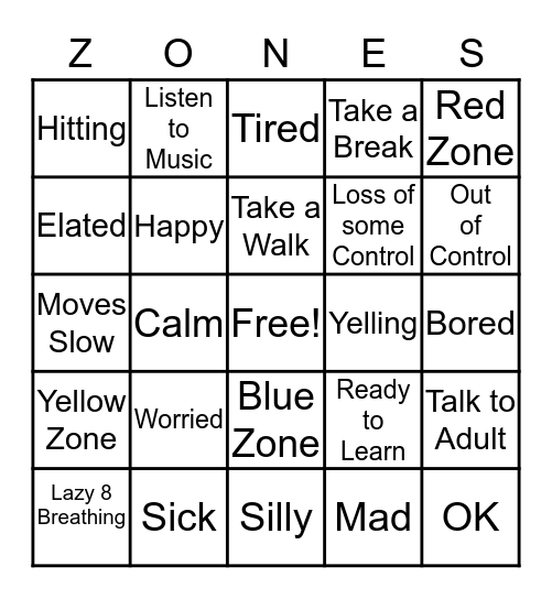 ZONES OF REGULATION Bingo Card
