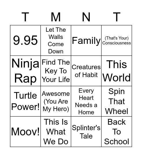 Ninja Turtles Bingo Card