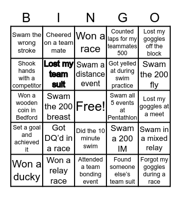 Swimmer Bingo Card