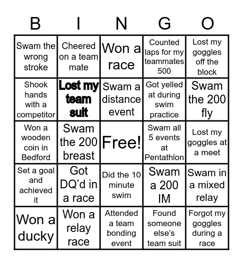 Swimmer Bingo Card