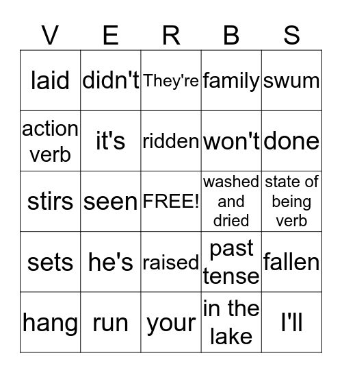 Verb Bingo Card