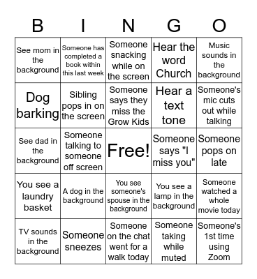 Grow Kids Zoom Chat Bingo Card