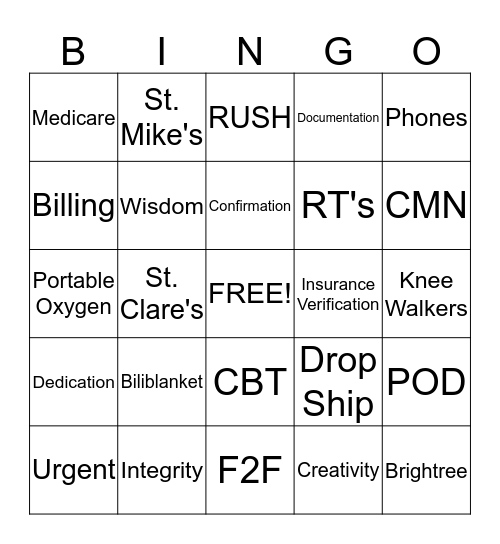 Ministry Mission's and Value's Week Bingo Card
