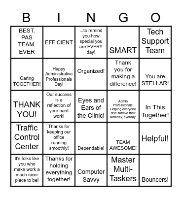 Admin Day Bingo Card