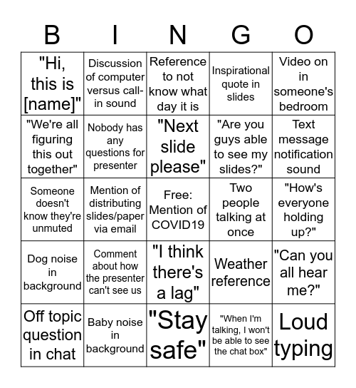 COVID19 LECTURE BINGO Card