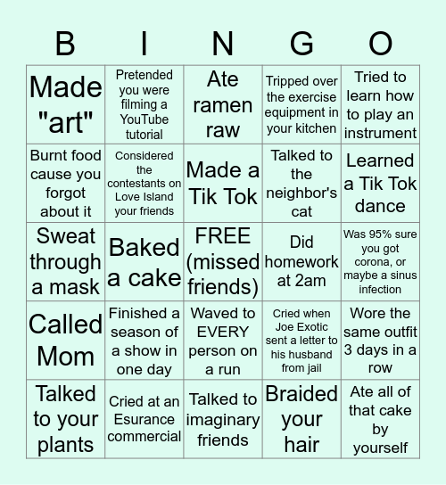 Quarantining Alone Bingo Card