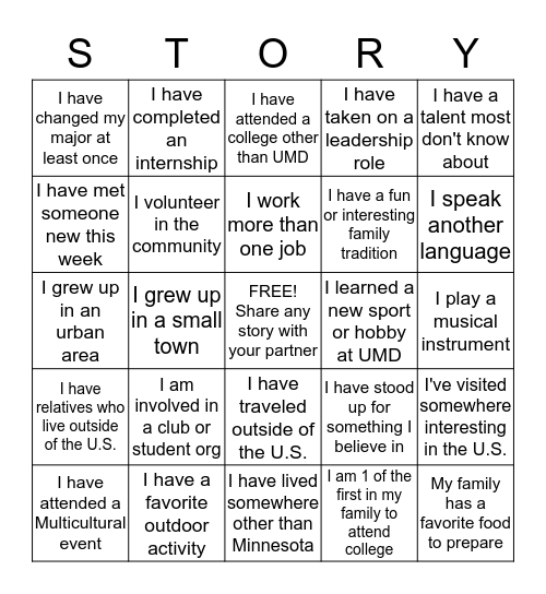 Share Your Story Bingo Card