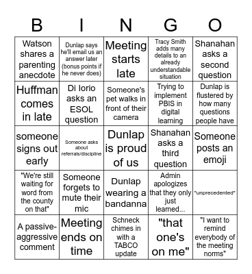 Faculty Meeting Bingo Card