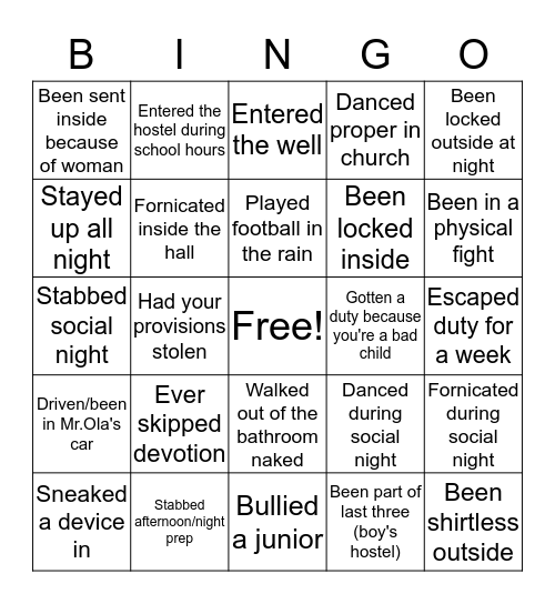 Genesis boarding school bingo Card