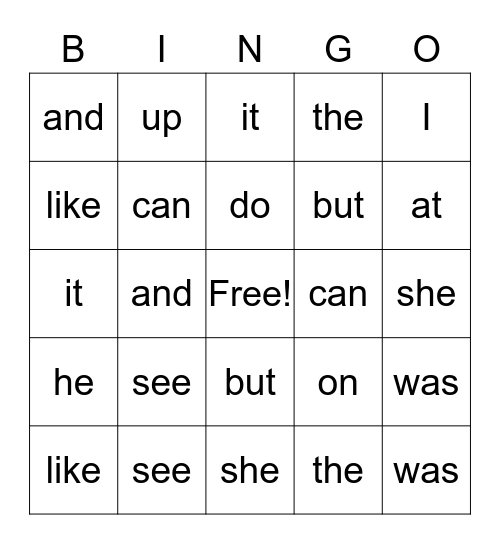 Sight Word Bingo Card