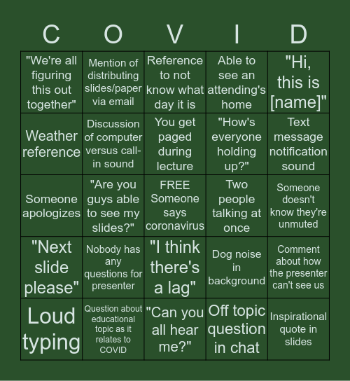 COVID19 LECTURE BINGO Card