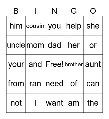 Sight Words Bingo Card