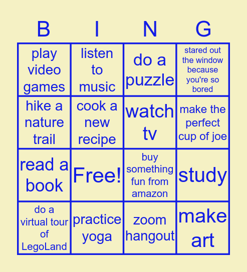 Kylie & Davon’s Quarantine To-Do List Bingo Card