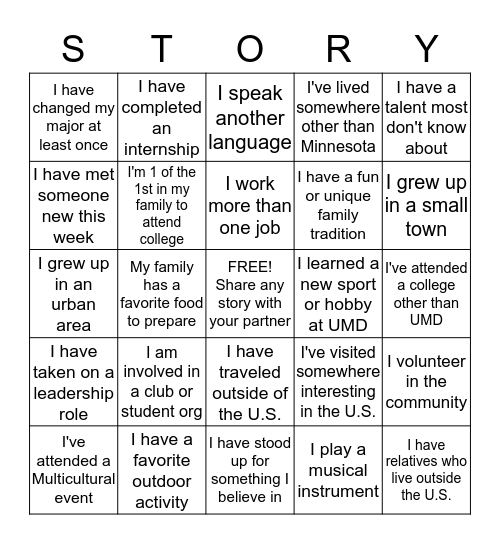 Share Your Story Bingo Card