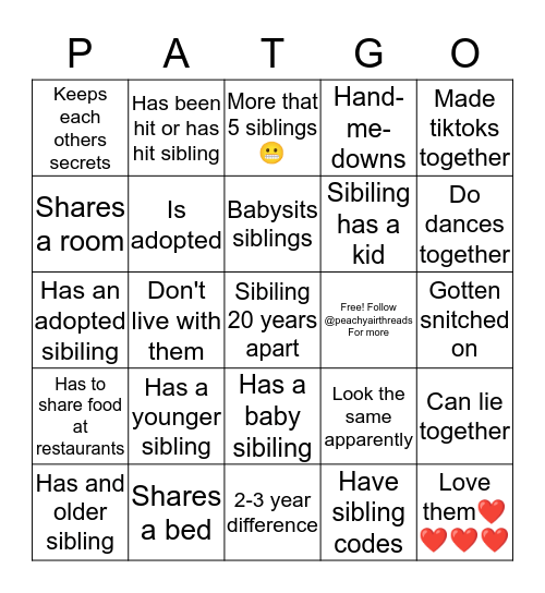 Sibling bingo Card