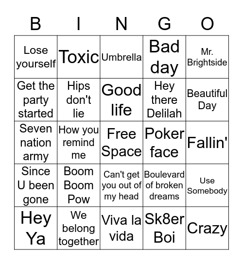 Hits of the 2000's Bingo Card