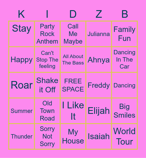 Kidz Bop Bingo Card