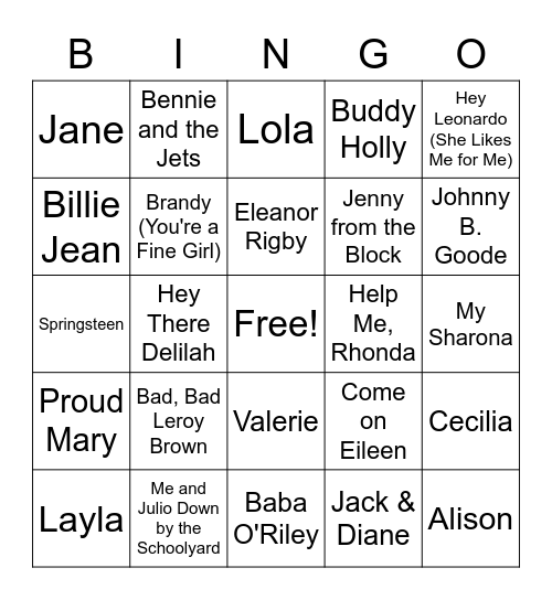 Music Bingo: Names Bingo Card