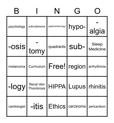 Medical Terminology Bingo Card