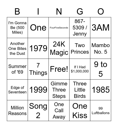 Music Bingo - Numbers Bingo Card